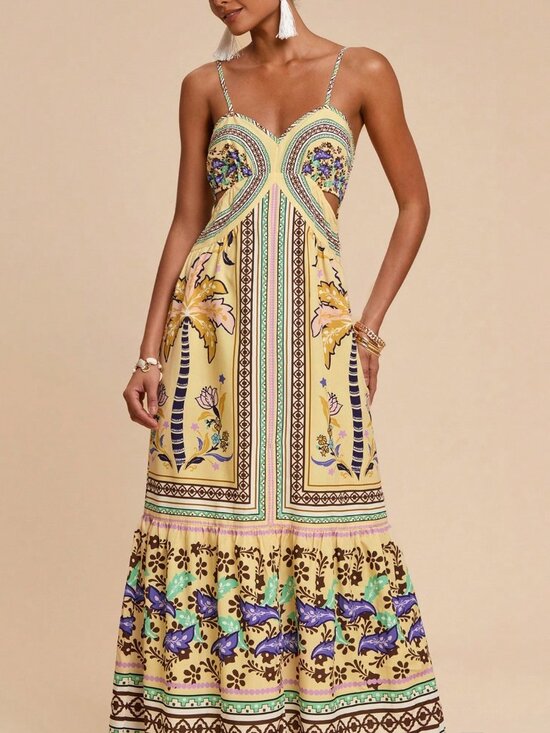 Multicolor Boho Women's Halter Dress with Cutout Waistband and Side Slits - Picture 5 of 7